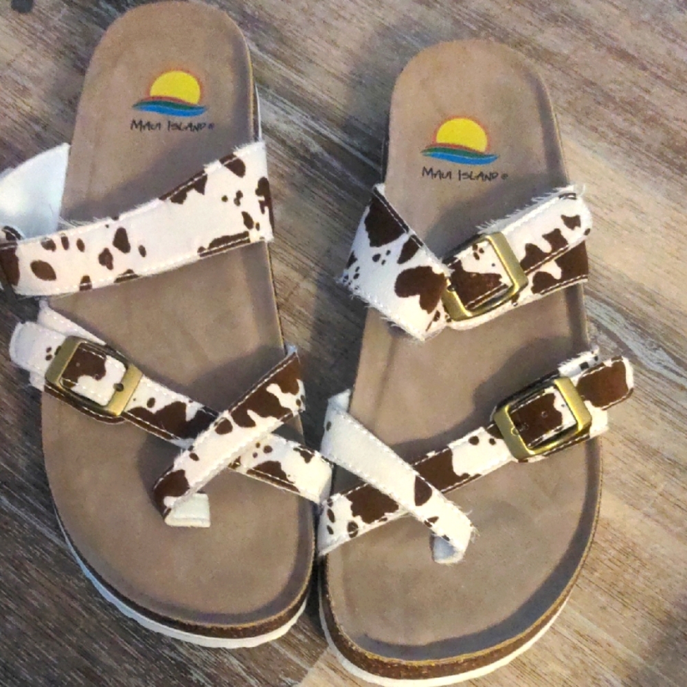 Maui Island Cow Print Sandals with Gold Buckles